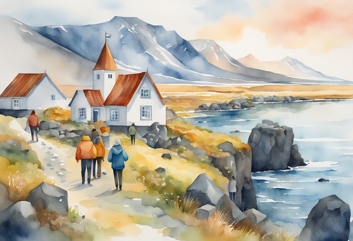 A vibrant illustration of Icelandic landscapes, traditional architecture, and cultural symbols, with people engaged in various activities related to exploring culture and history