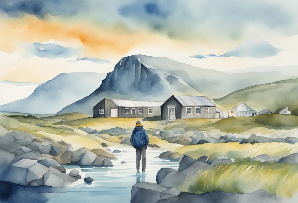 An illustration of a person exploring Icelandic culture and history through activities such as visiting museums, attending traditional events, and learning about local traditions