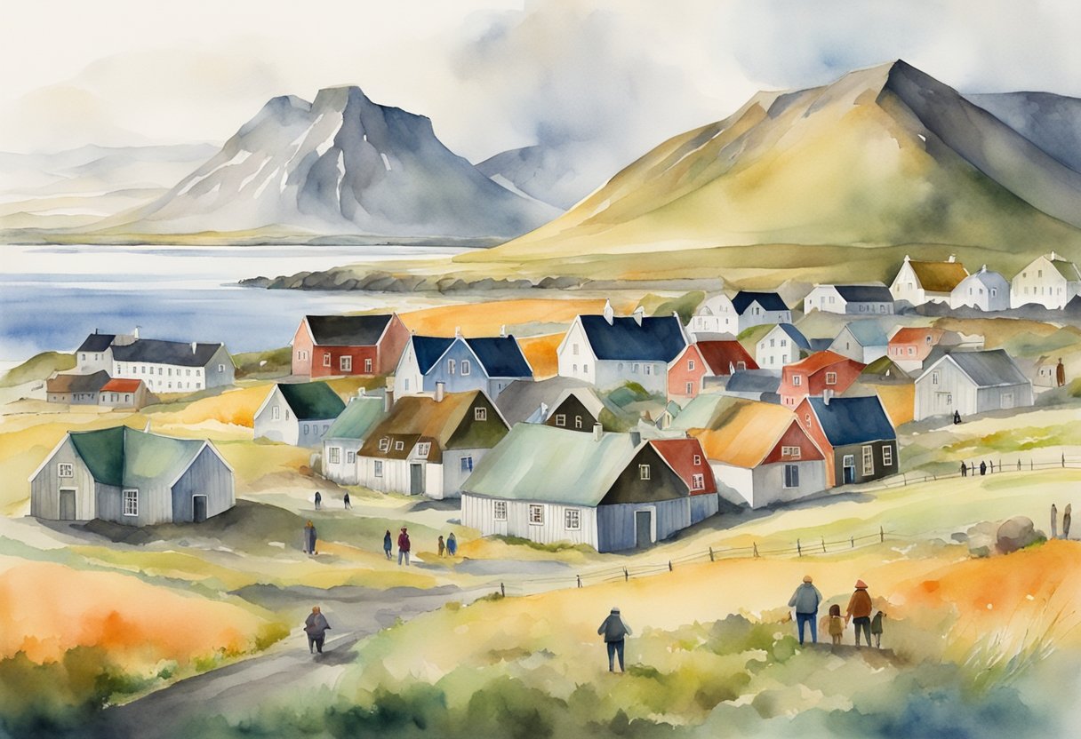 A colorful Icelandic landscape with traditional buildings, historical landmarks, and people engaging in cultural activities