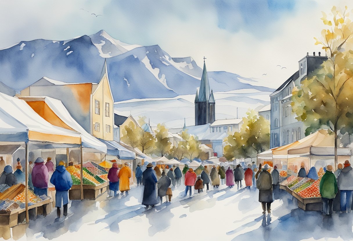 A bustling street market in Reykjavík with colorful traditional crafts and a backdrop of the iconic Hallgrímskirkja church. Snow-capped mountains overlook the tranquil harbor of Akureyri, where fishing boats line the shore