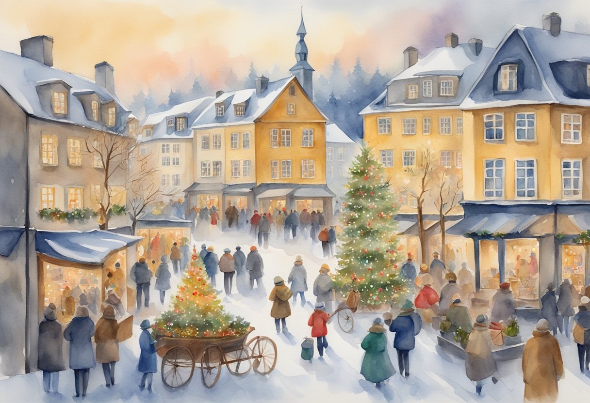 A festive Swedish scene with traditional decorations, cultural symbols, and historical landmarks, surrounded by people engaging in various hobbies