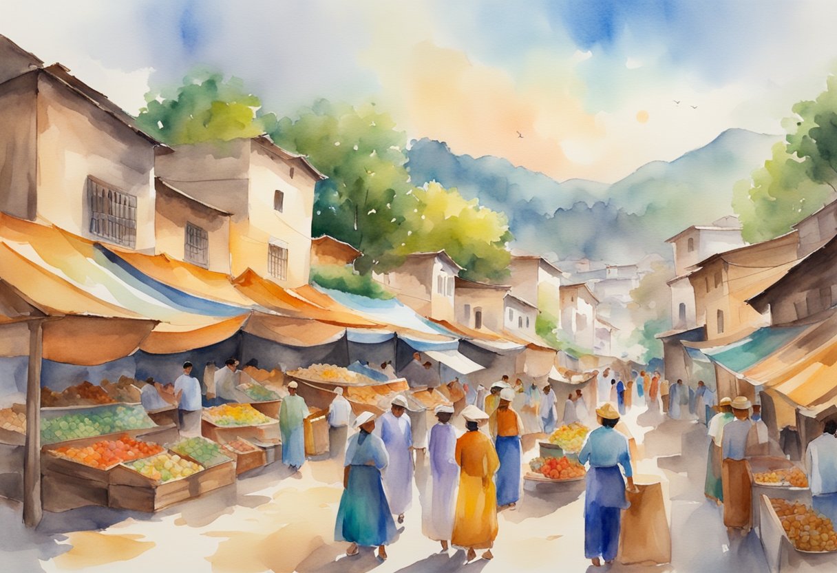 A vibrant market scene with traditional crafts, colorful textiles, and historical landmarks surrounded by lush landscapes and lively music