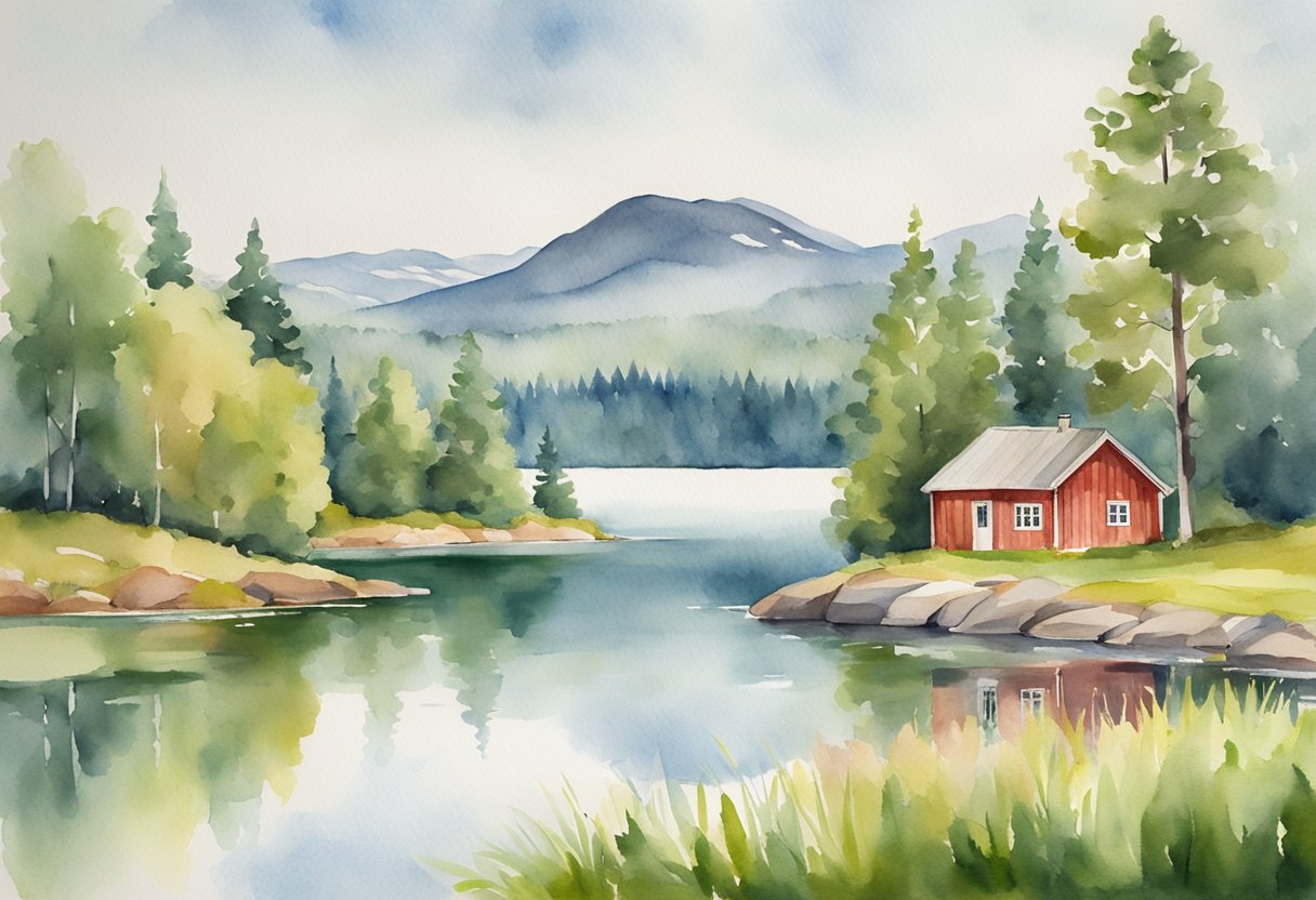 A serene Swedish landscape with a traditional red wooden cottage nestled among lush green forests, a calm lake, and distant mountains