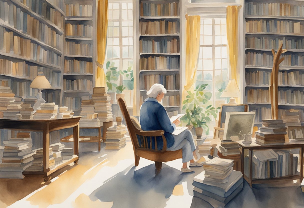 A cozy, sunlit library filled with shelves of books, paintings, and sculptures. A person sits in a comfortable chair, engrossed in a Swedish novel, while others browse through art and history books