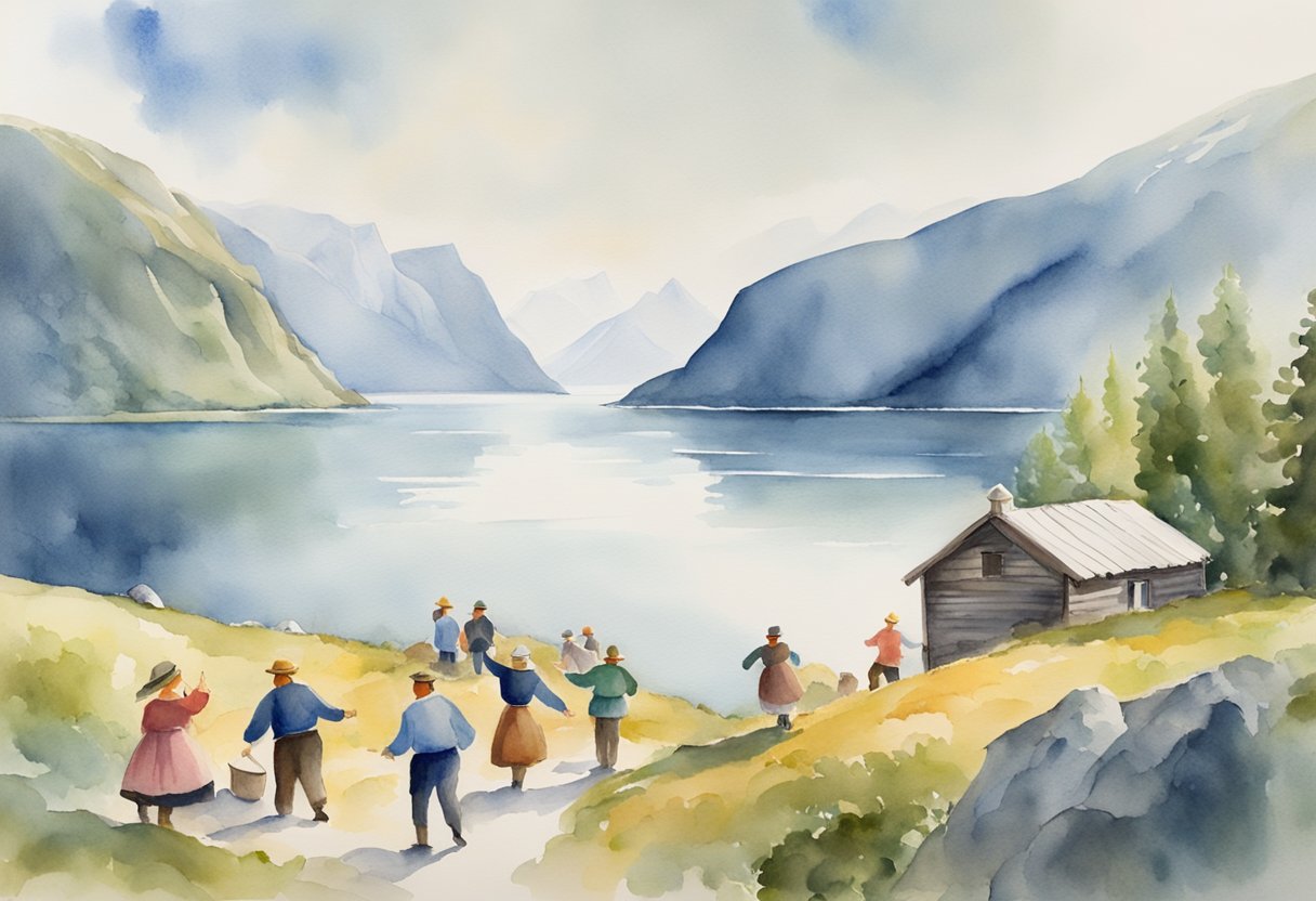 A group of people engage in traditional Norwegian activities like bunad-making, folk dancing, and exploring historical sites in a picturesque fjord landscape