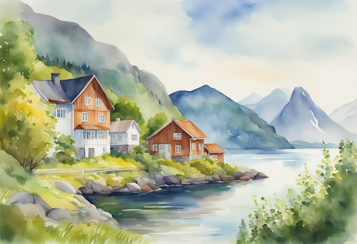 A colorful landscape with traditional Norwegian architecture, surrounded by lush greenery and a fjord in the background