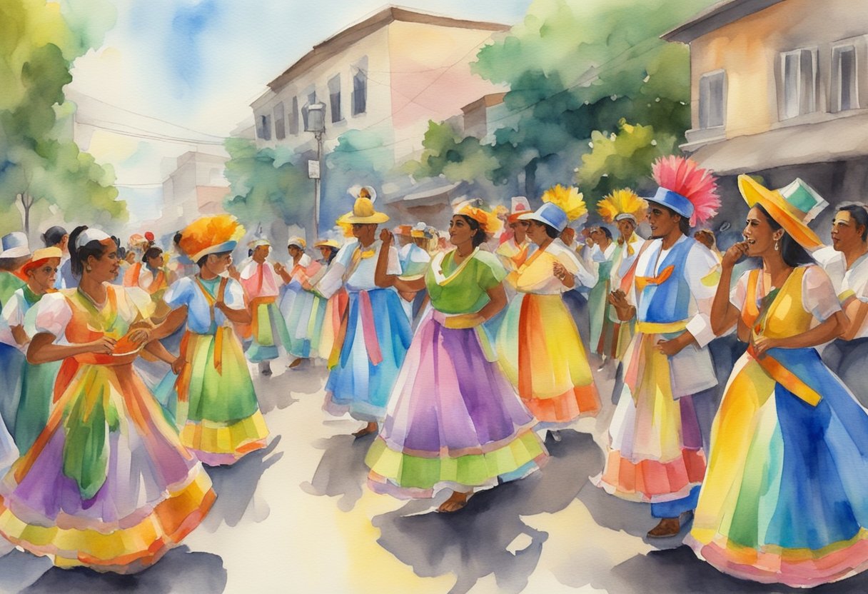 A colorful street parade with traditional dancers, musicians, and vibrant costumes celebrating various religious observances and holidays in Venezuela