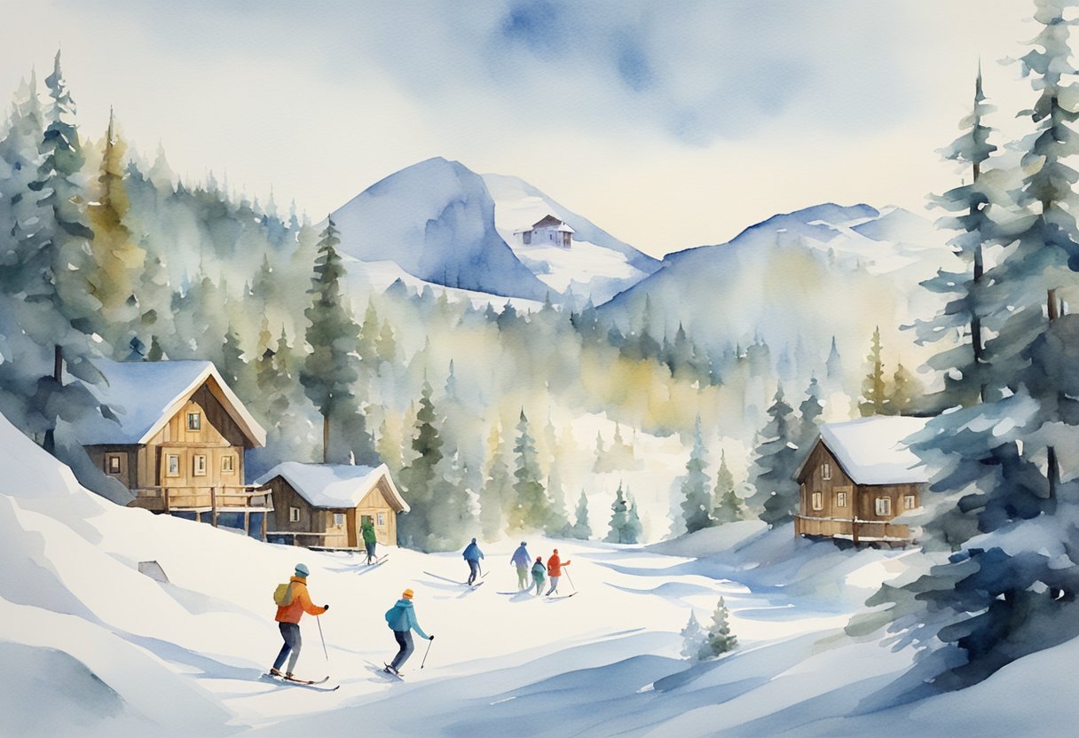 A group of people skiing through a snowy forest, passing by traditional Norwegian cabins and historical landmarks