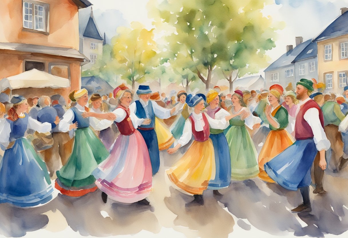 A lively festival scene with traditional Norwegian music, colorful costumes, and people dancing and enjoying cultural activities