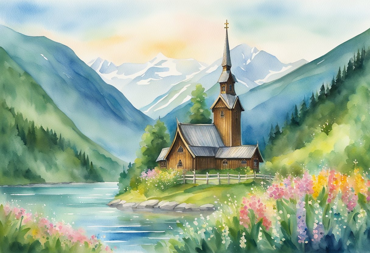 A colorful, traditional Norwegian stave church nestled among lush green mountains and sparkling fjords. A Viking ship rests on the shore nearby, surrounded by blooming wildflowers