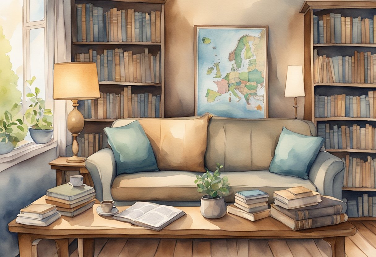 A cozy living room with a bookshelf filled with historical and cultural books, a map of Norway on the wall, and a vintage globe on a wooden desk