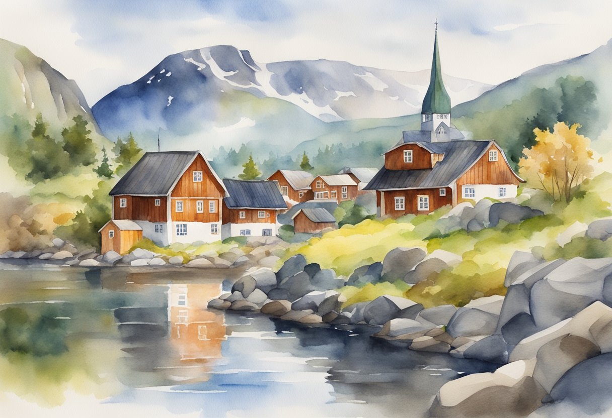 A picturesque Norwegian landscape with traditional architecture, historical landmarks, and cultural symbols