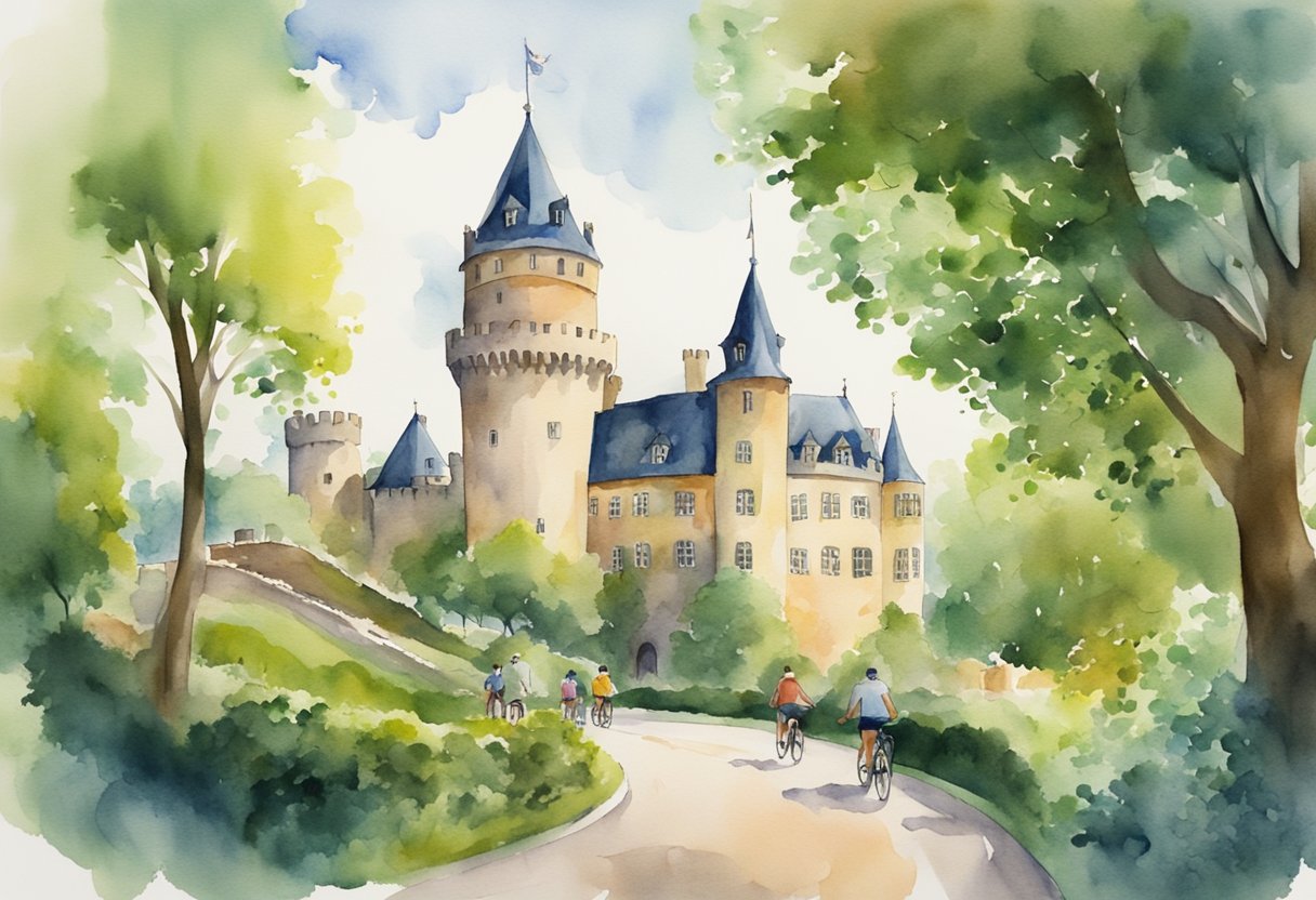 A colorful illustration of a historic Danish castle surrounded by lush greenery, with people cycling and enjoying outdoor activities nearby