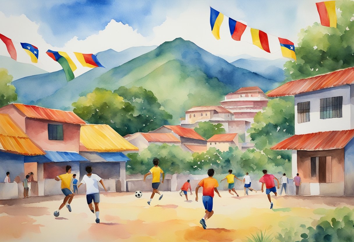 A group of people playing soccer in a vibrant park surrounded by lush mountains and colorful buildings, with a backdrop of Venezuelan flags and traditional music playing in the distance