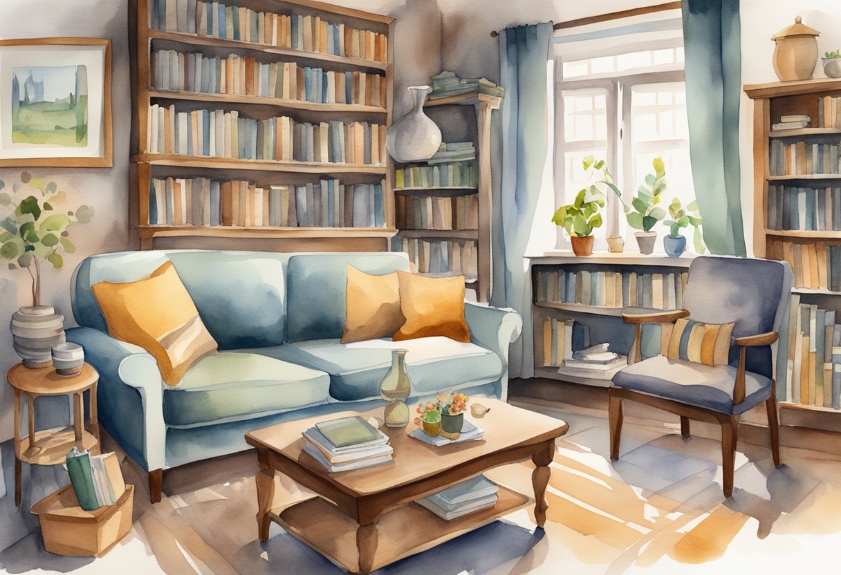 A cozy living room with shelves of history books, a map of Denmark, and a table set with traditional Danish crafts and hobbies