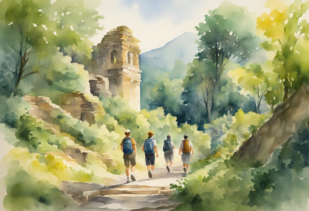 A group of people are hiking through a lush forest, passing by ancient ruins and historical landmarks. The sun is shining, and the air is filled with the sounds of nature