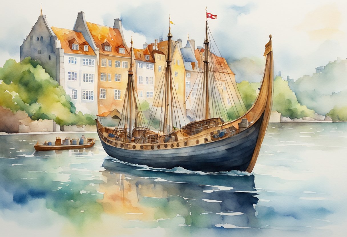 A traditional Danish Viking ship sailing on calm waters with a backdrop of historic castles and colorful, quaint villages