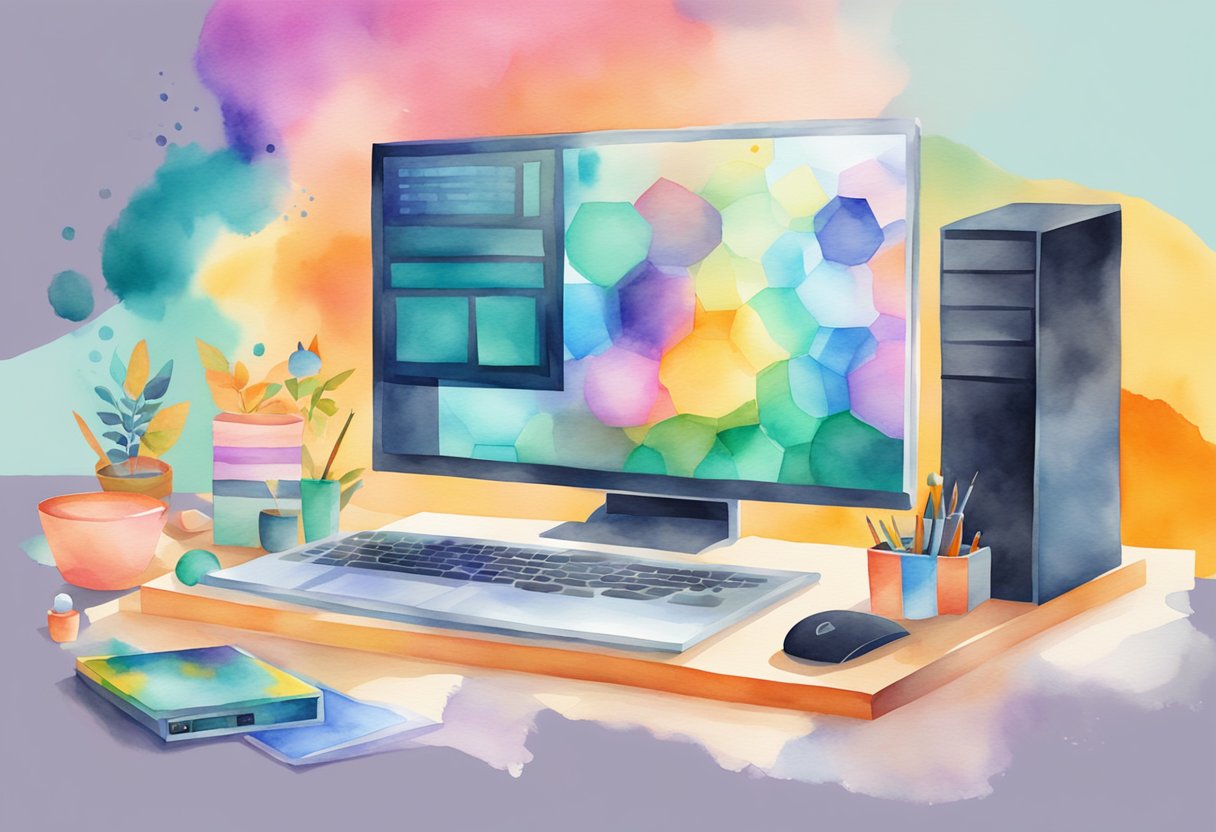 A computer with Adobe Illustrator open, surrounded by colorful design elements and tools