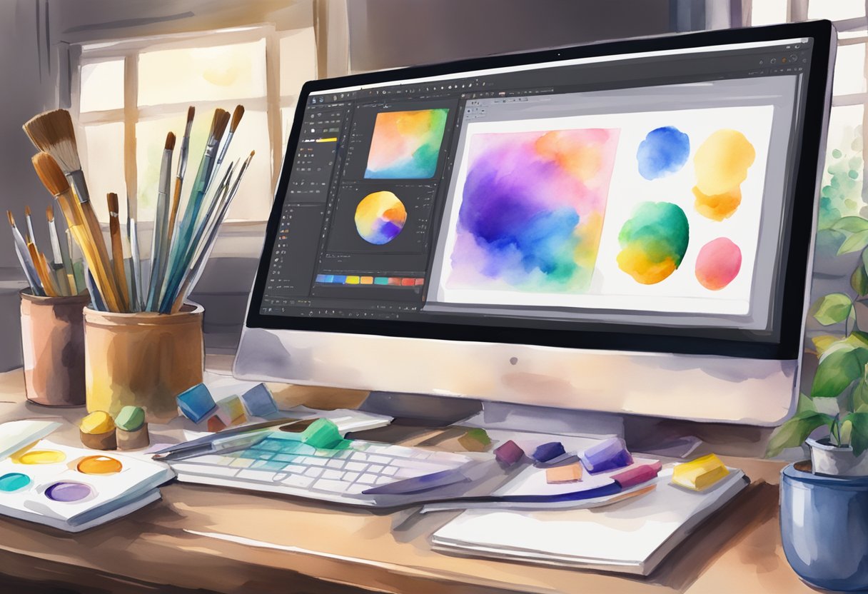 A computer screen displaying Adobe After Effects interface with various tools and windows open, surrounded by creative hobby materials like paintbrushes and sketchbooks