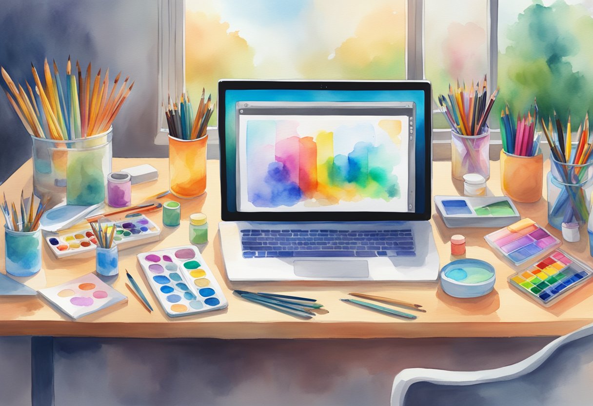 A colorful array of art supplies, including paintbrushes, pencils, and digital drawing tablets, arranged neatly on a desk with a computer displaying the Adobe Creative Cloud logo