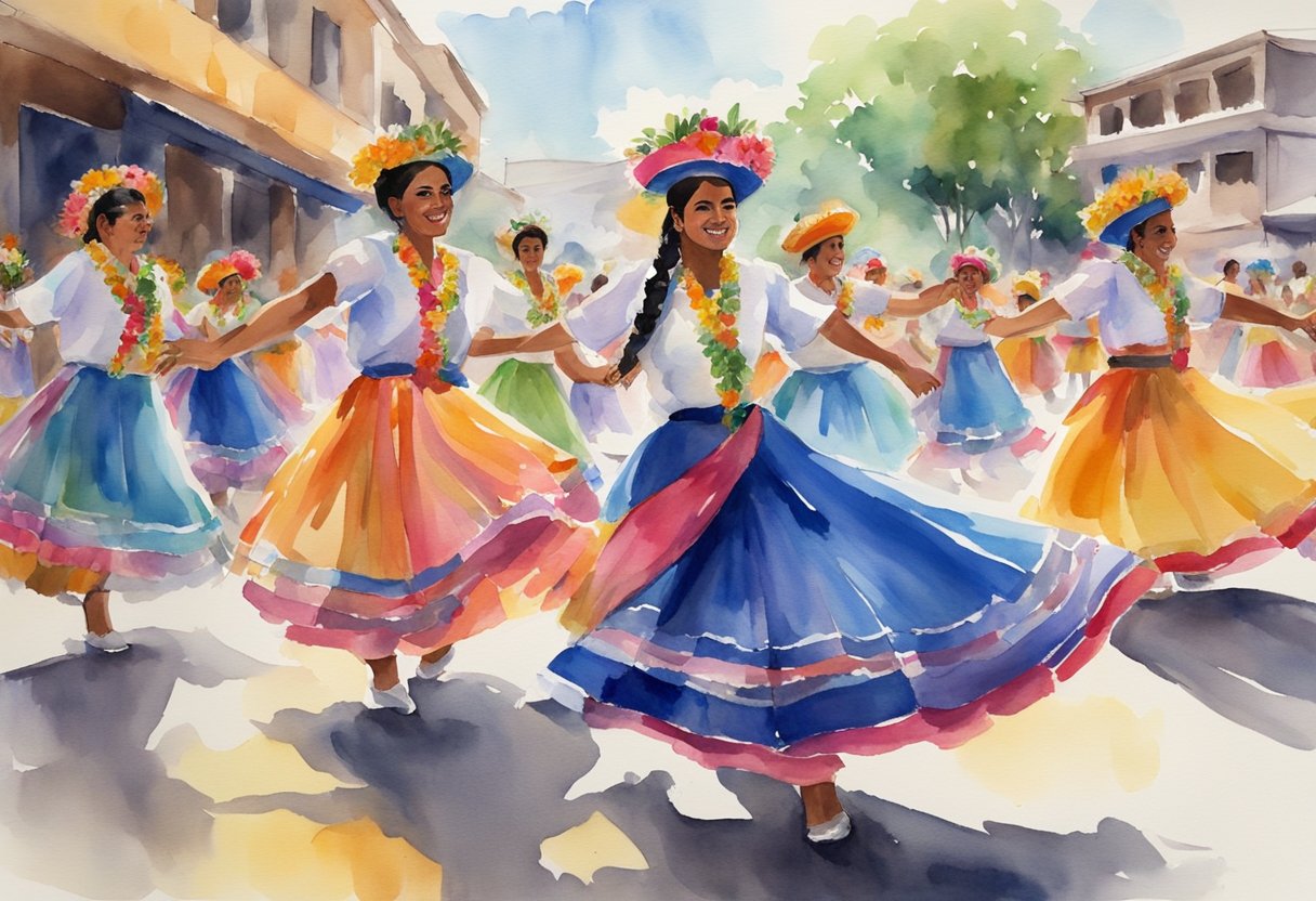 A vibrant street festival in Venezuela, with colorful traditional costumes, lively music, and energetic dancing. The atmosphere is filled with joy and celebration, showcasing the country's rich cultural heritage