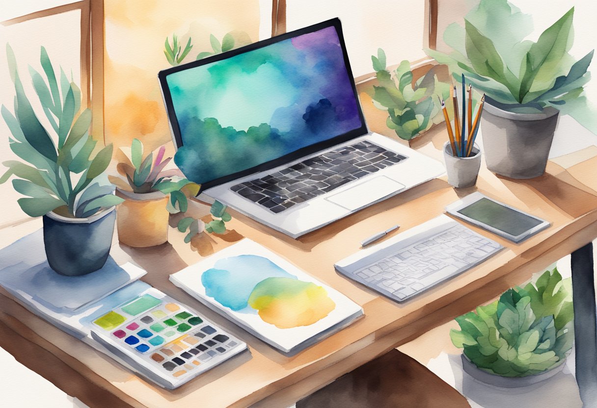 A desk with a computer, tablet, and stylus surrounded by art supplies and a plant. The Adobe Creative Cloud logo is displayed on the computer screen