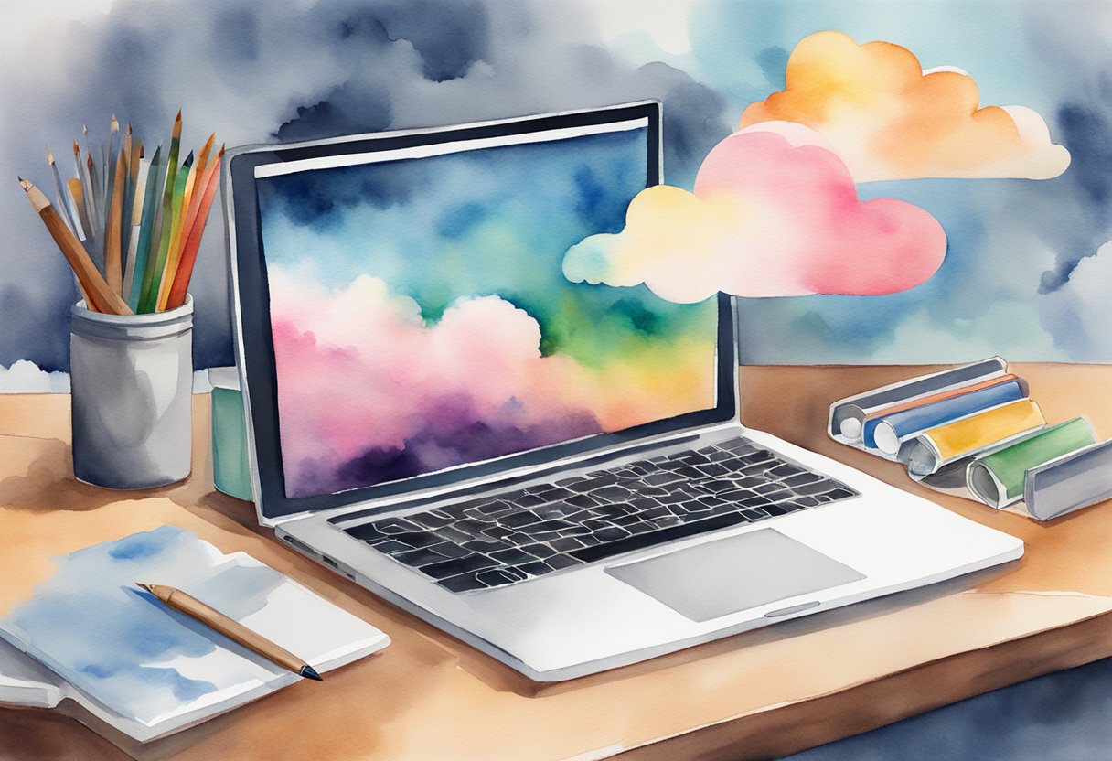 A laptop with Adobe Creative Cloud open, surrounded by various art supplies and a cloud floating above, representing the cloud-based workflow for creative hobbies