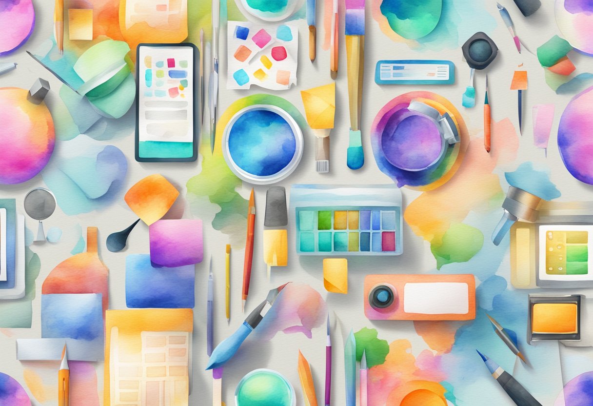 A colorful array of digital design tools and icons arranged in a dynamic and visually appealing composition