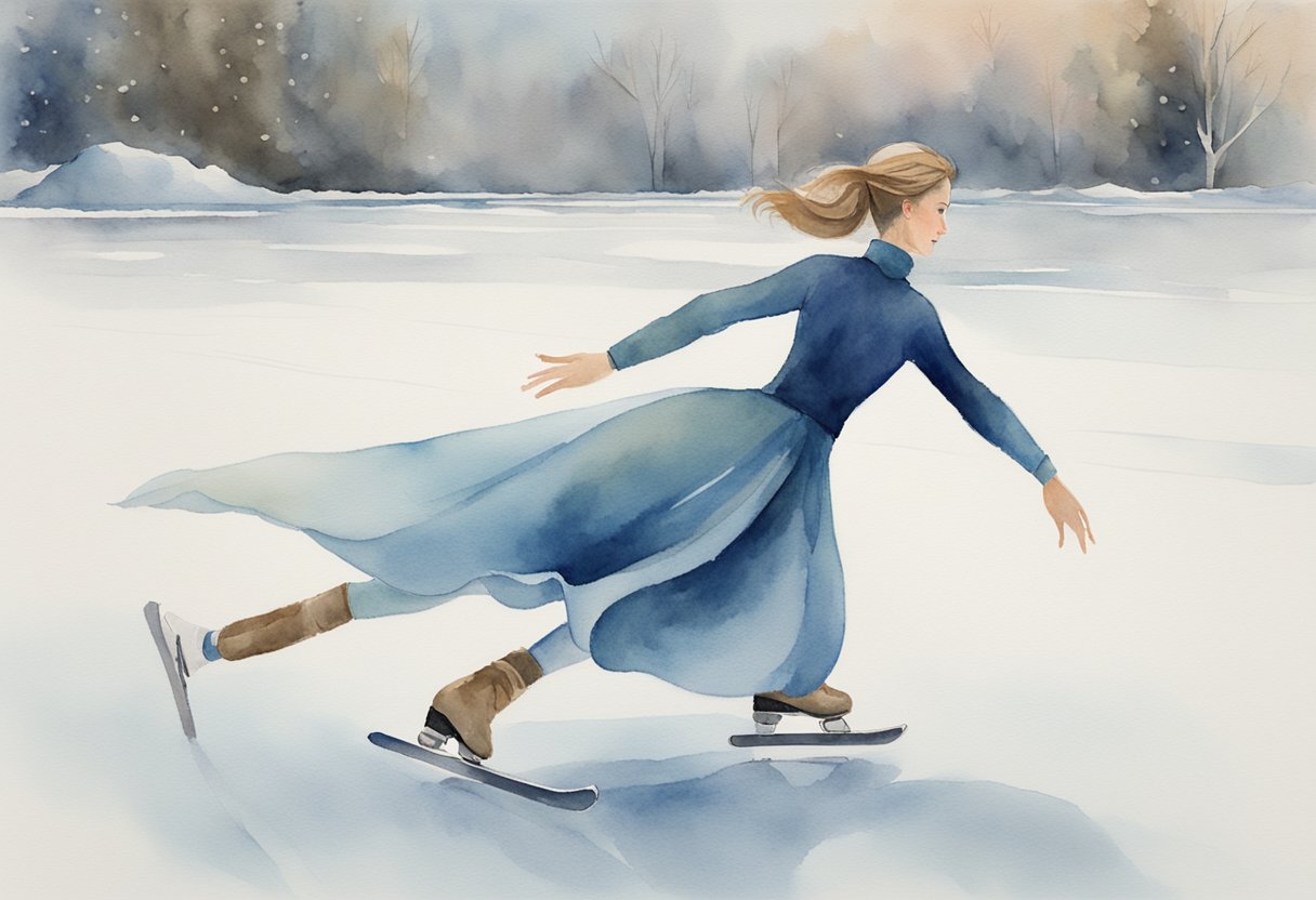 A person gliding gracefully across the ice, arms outstretched for balance, with one leg extended forward and the other bent slightly, demonstrating the basics of ice skating