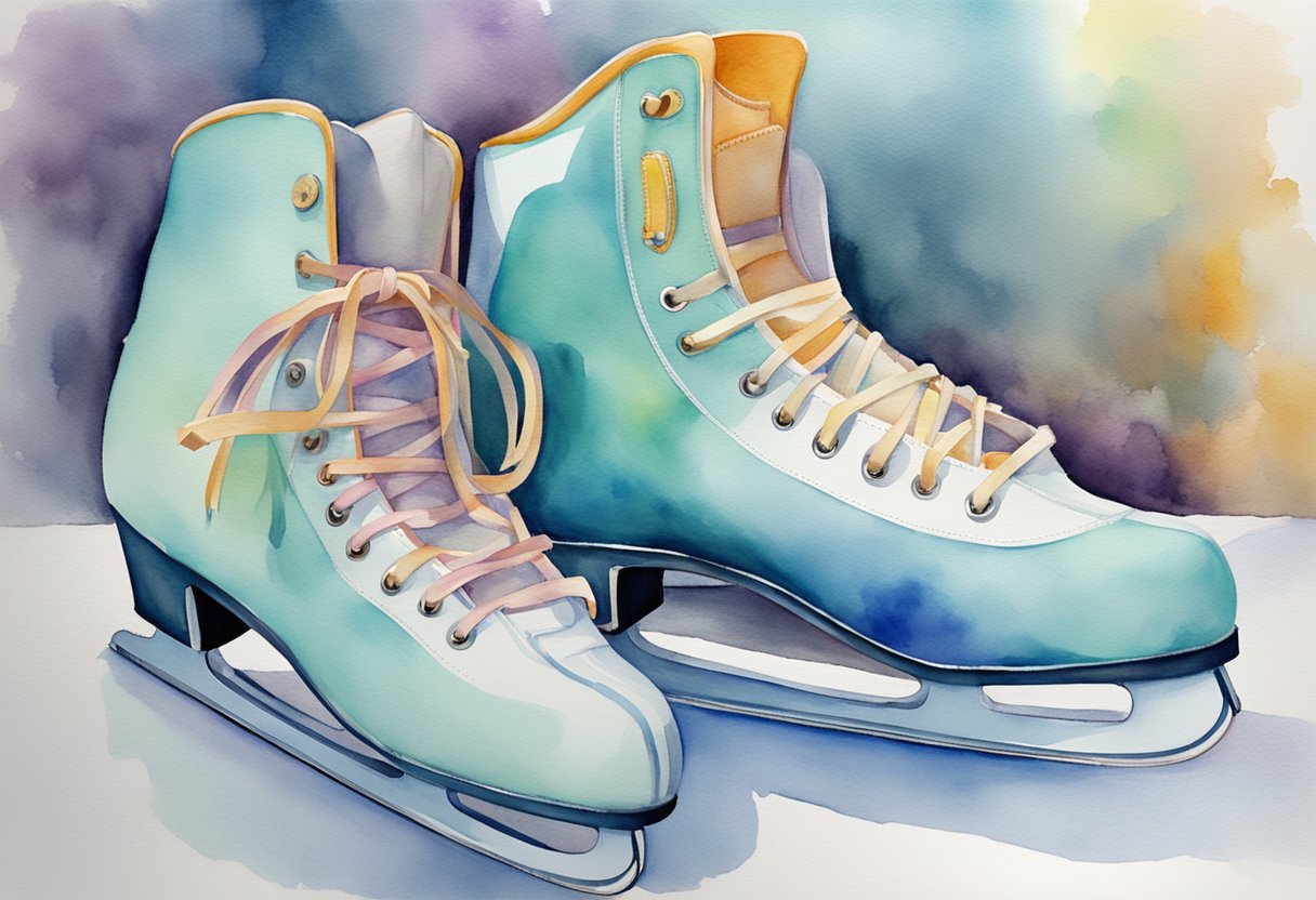 A colorful ice rink with skates, a helmet, and a guidebook on the ice