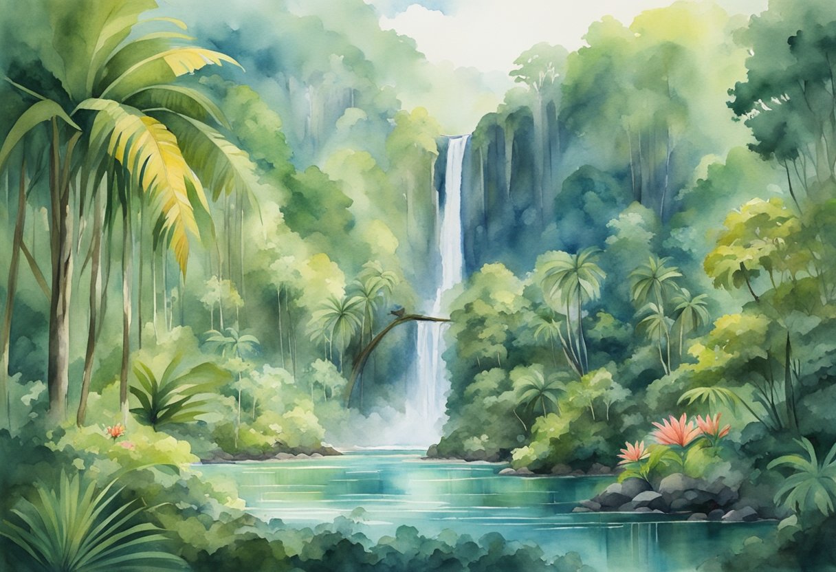 A lush rainforest with vibrant flora and fauna, a majestic waterfall cascading into a crystal-clear river, and ancient ruins nestled in the jungle