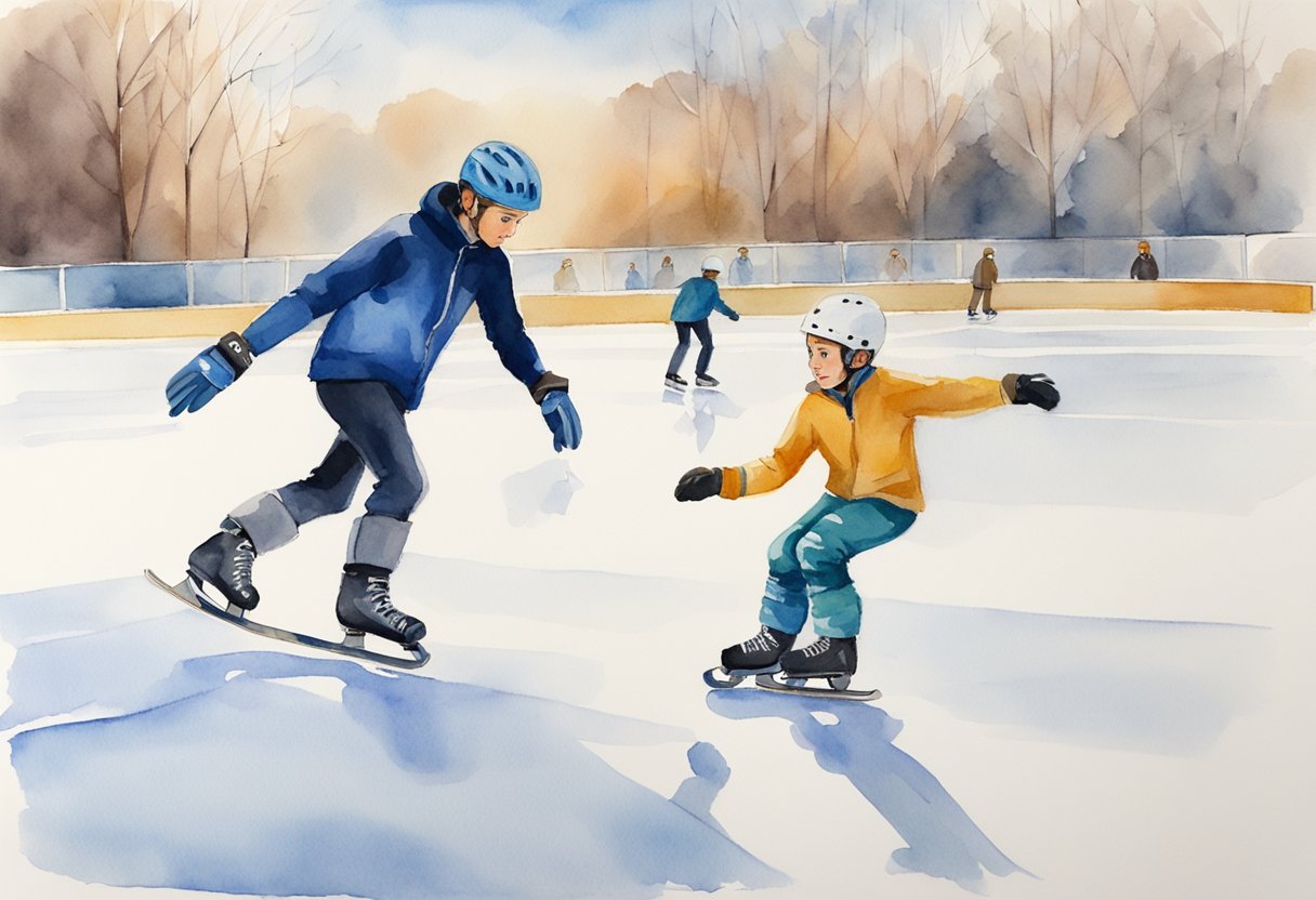 A beginner skater glides cautiously on the ice, wearing a helmet and gloves, while an instructor offers guidance from the sidelines