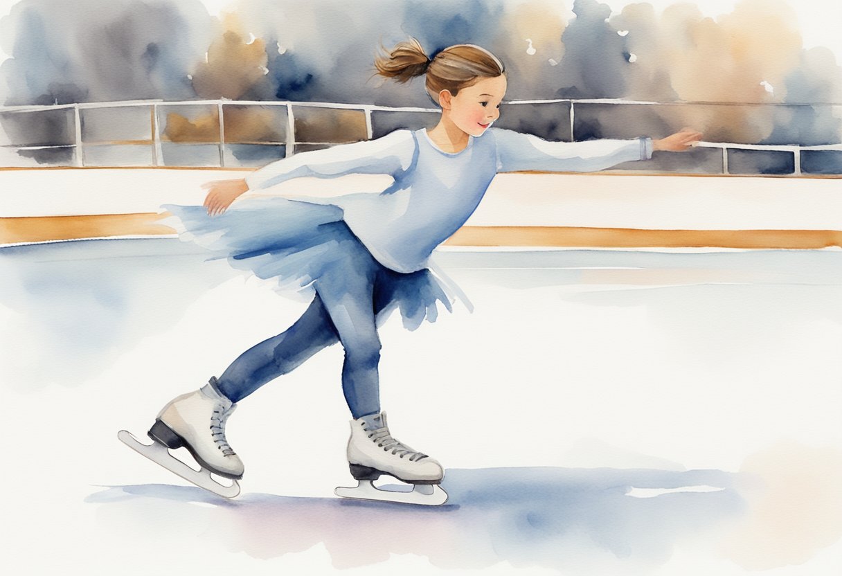 A beginner ice skater glides across the rink, practicing basic drills and exercises with the help of a guide book