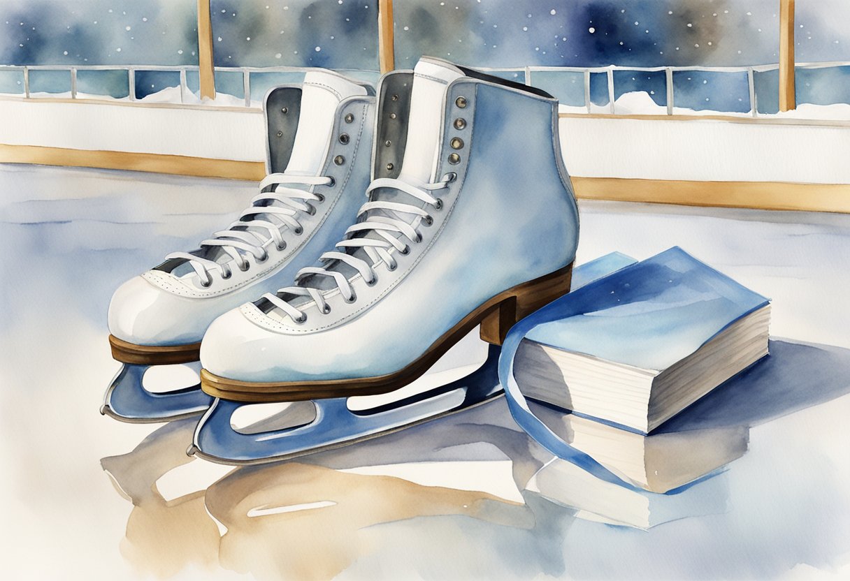 A pair of ice skates resting on a smooth, glistening ice rink, with a beginner's guide book placed next to them