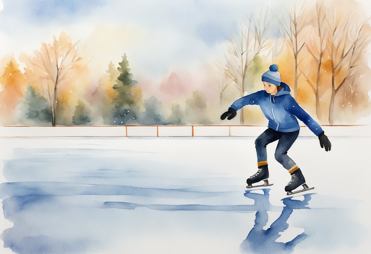 A beginner skater glides smoothly across the ice, practicing basic techniques under the guidance of an instructor