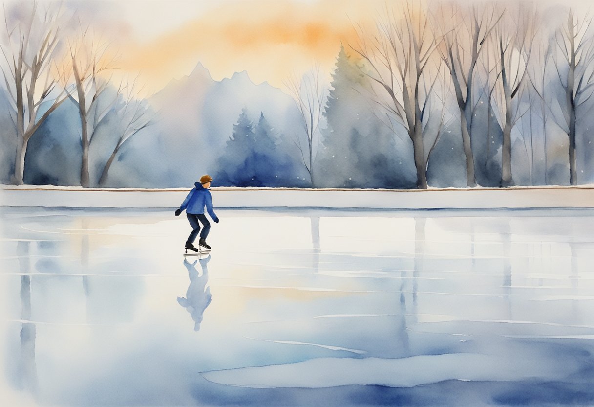 A figure glides across the ice, following the guidance of an instructor. The rink is filled with beginners learning the basics of ice skating