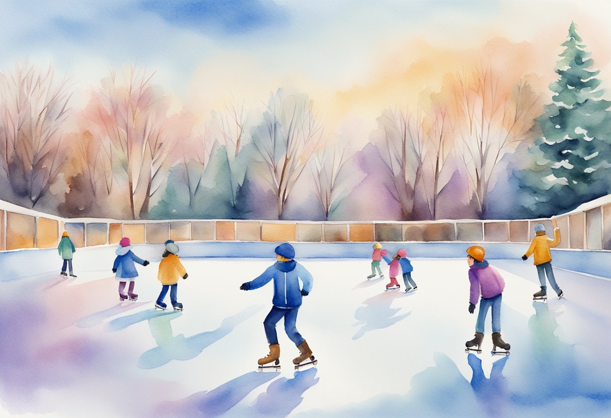 A colorful ice rink with skates, a guidebook, and a helpful instructor demonstrating basic skating techniques