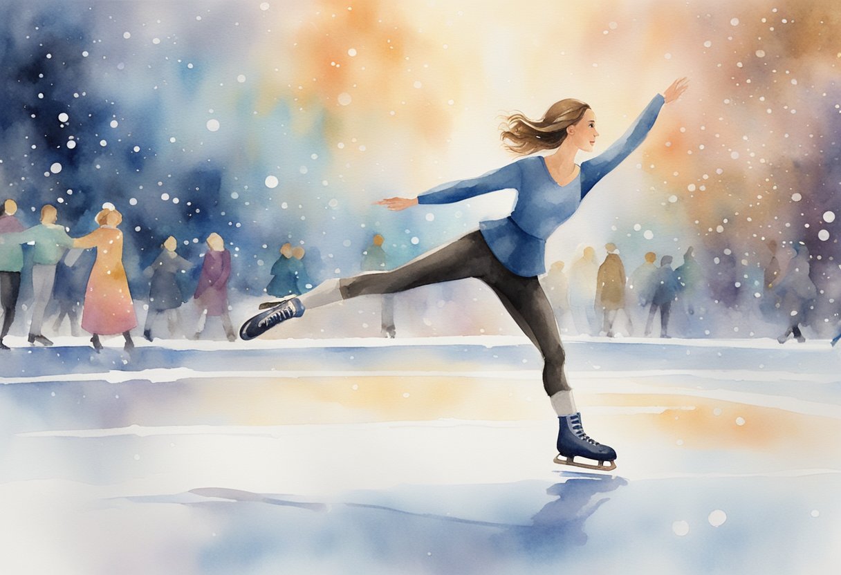 A figure glides across an ice rink, surrounded by swirling snowflakes and the glow of overhead lights, showcasing the grace and excitement of ice skating