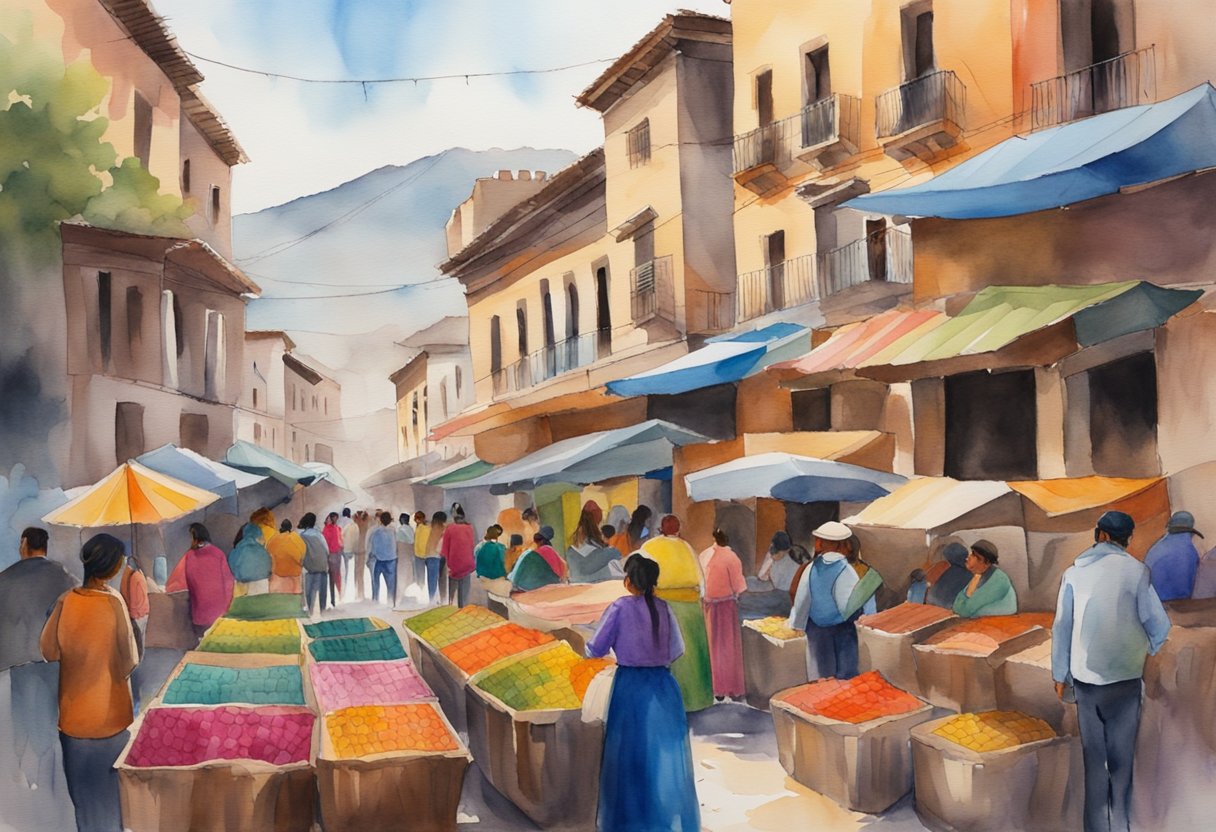 A bustling market filled with colorful textiles, traditional music, and local artisans showcasing their craft. The backdrop of ancient ruins and vibrant street art captures the essence of Bolivia's rich culture and history