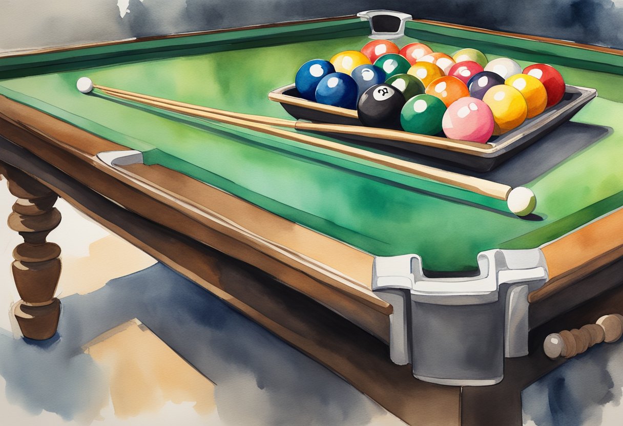 A billiards table with cue sticks, racked balls, and chalk on the side. A beginner's guide book open nearby