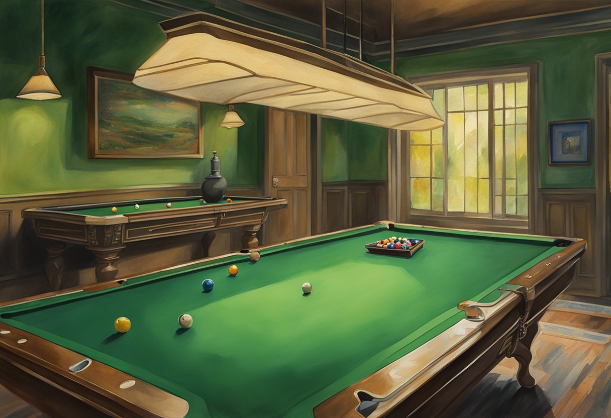 A pool table with assorted billiard balls, cue sticks, and chalk on a green felt surface, surrounded by a dimly lit room with vintage decor