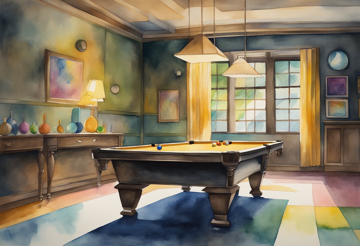 A billiards table with colorful balls, cue sticks, and chalk, set in a dimly lit room with a rack of cues on the wall