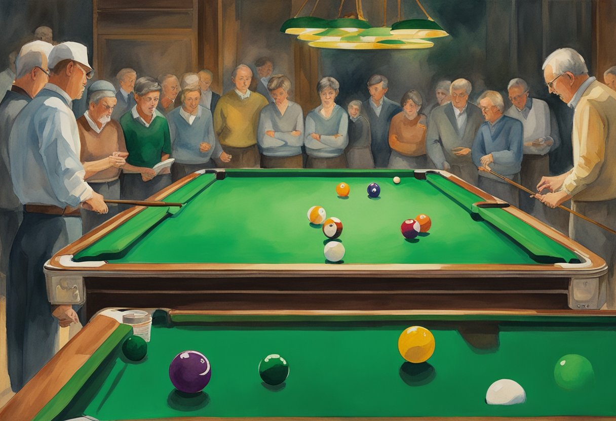 A billiards table with numbered balls, cue stick, and triangle rack on green felt, surrounded by spectators and a beginner player studying a guidebook