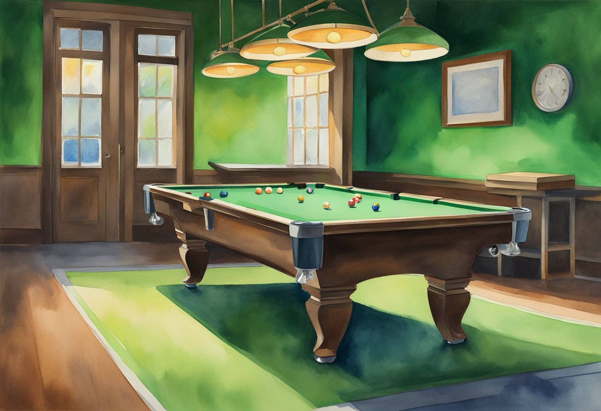 A pool table with a rack of billiard balls, cue sticks, and chalk on a green felt surface under bright overhead lighting