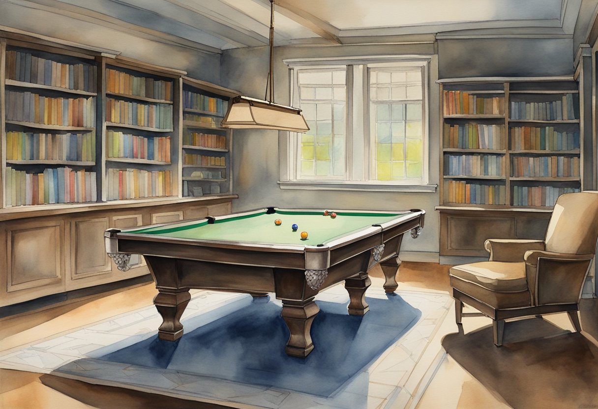 A pool table with cue sticks, chalk, and a rack of billiard balls arranged for a game. A beginner's guide book open on the side