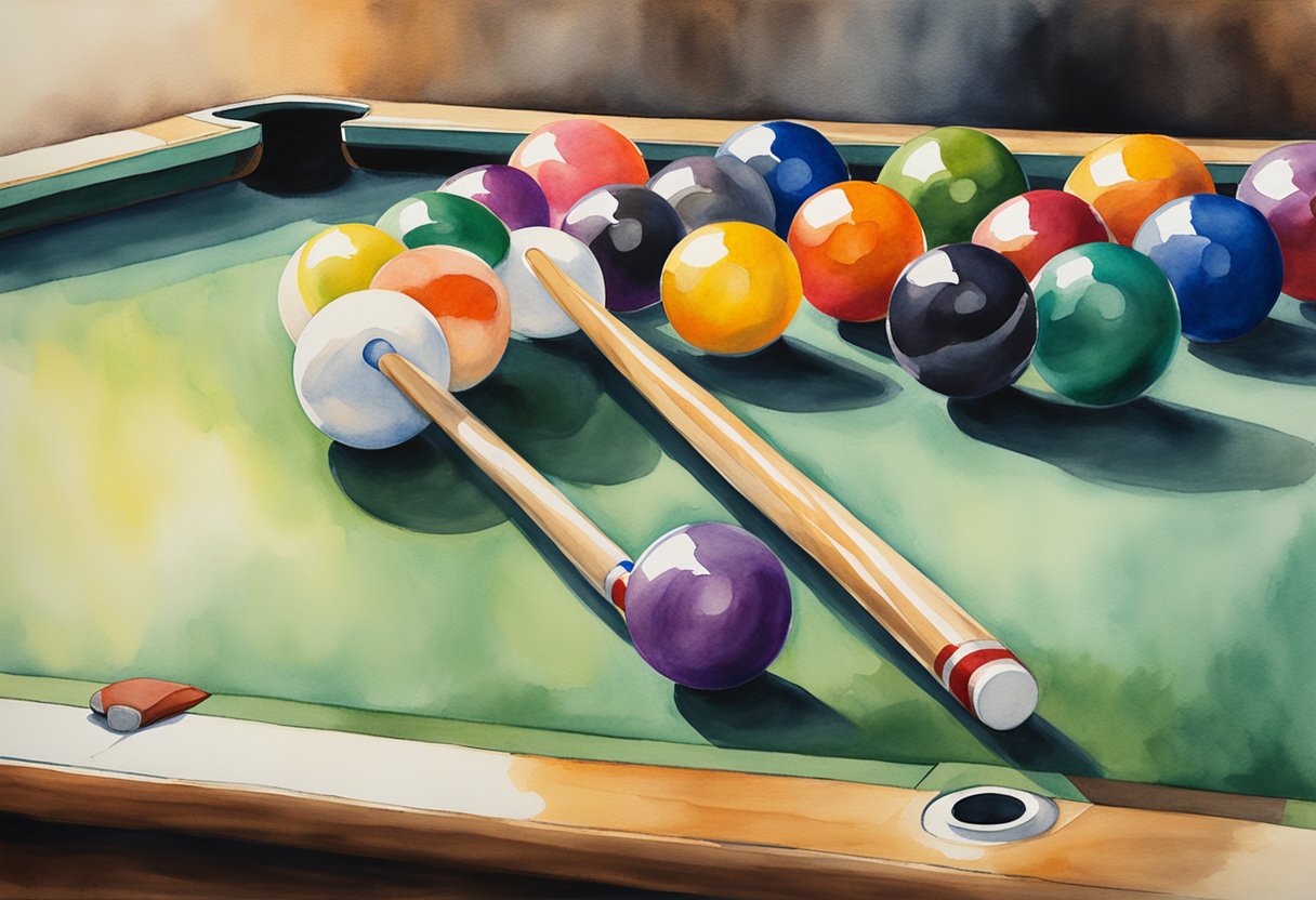 A well-lit billiards table with a set of colorful balls arranged in a triangle, a cue stick resting on the edge, and chalk dust on the felt