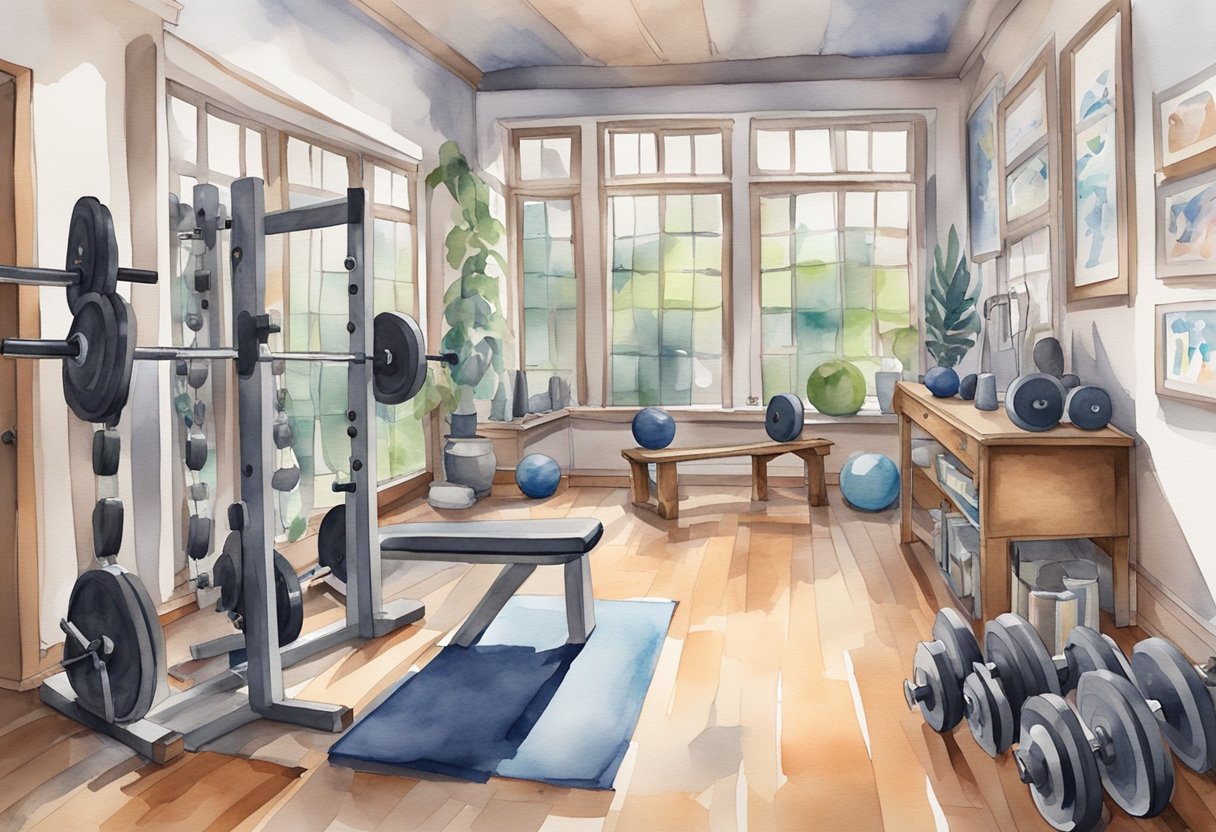 A cluttered home gym with various weightlifting equipment, including dumbbells, barbells, and a weight bench. Posters on the walls display exercise techniques and motivational quotes