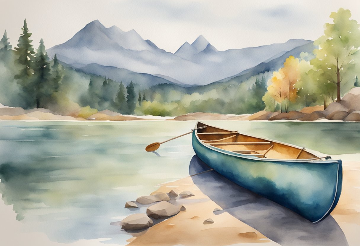 A canoe with paddles, life jackets, and a waterproof bag on a calm river with trees and mountains in the background