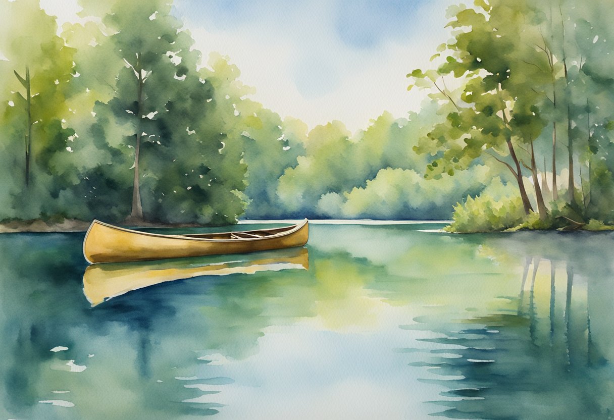 A calm river with a colorful canoe floating on the water, surrounded by lush green trees and a clear blue sky overhead