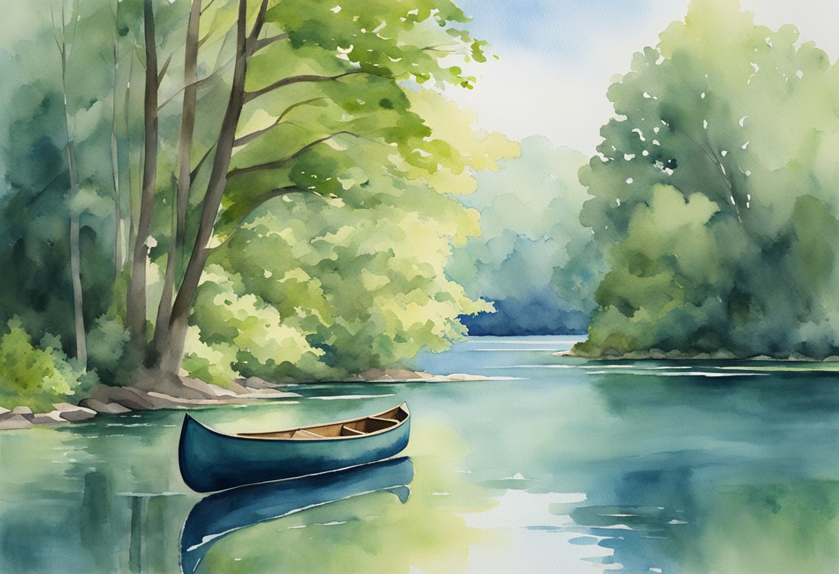 A serene lake surrounded by lush greenery, with a canoe floating on the calm water, and a clear blue sky overhead